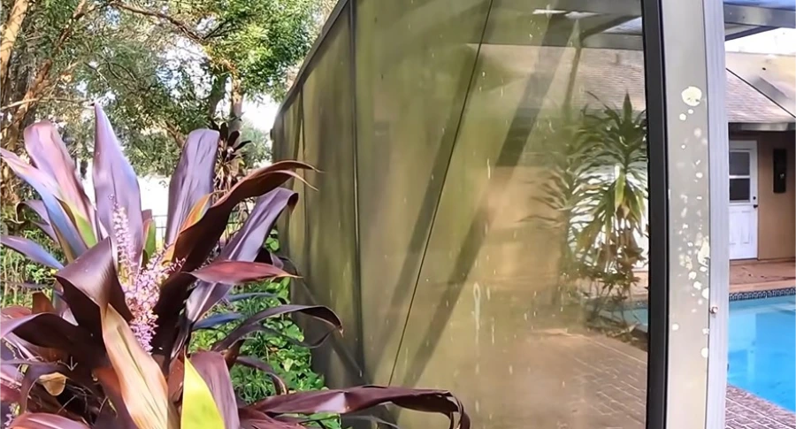 Screen and aluminum frame of a pool enclosure covered in dirt spots before cleaning